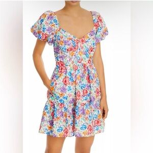 Aqua Floral Puff Sleeve Mini Dress Small Multicolor Spring Kentucky Derby Garden